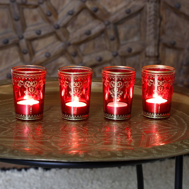 Conjunto de 6 copos para velas de chá em vermelho e dourado