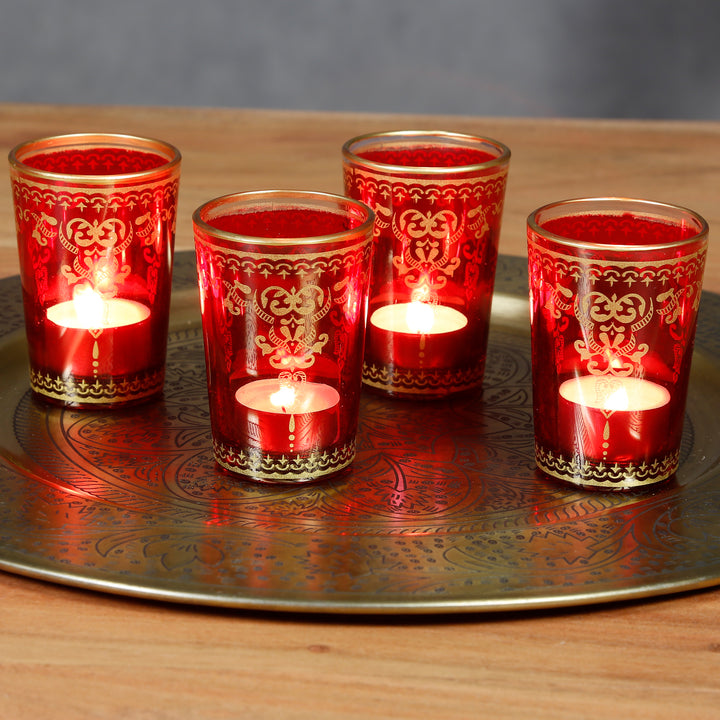 Conjunto de 6 copos para velas de chá em vermelho e dourado
