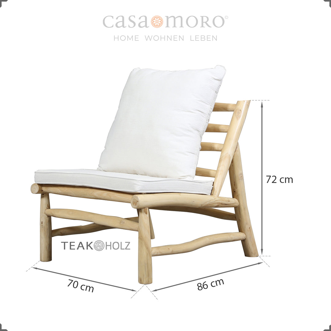 Poltrona de descanso em teca natural com almofadas de espuma de PU, adequada para utilização no exterior