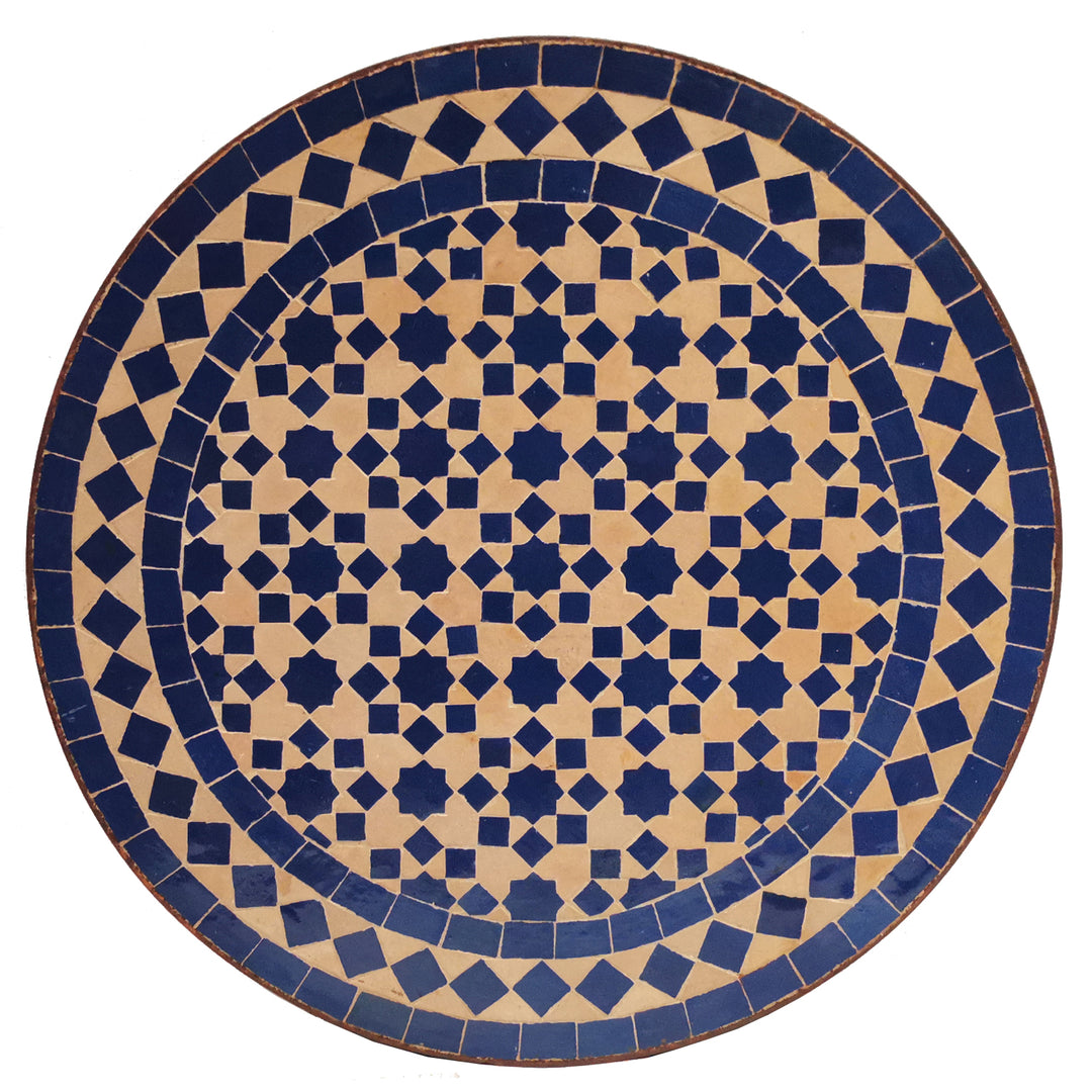 Mesa auxiliar em mosaico com 45 cm de diâmetro e padrão de estrelas em azul escuro, feita à mão em Marrocos