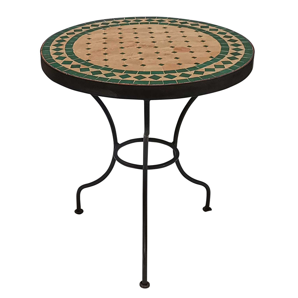 Mesa compacta em mosaico com superfície verde e terracota, formato redondo, feita à mão em Marrocos