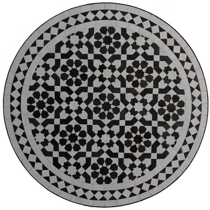 Mesa redonda em mosaico com zellige em preto e branco