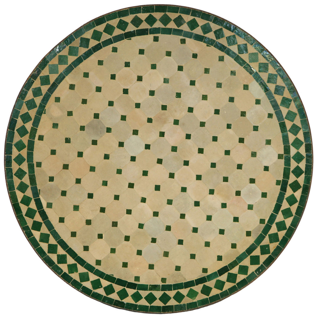 Mesa redonda em mosaico com 80 cm, com azulejos Zellige colocados à mão em verde e terracota