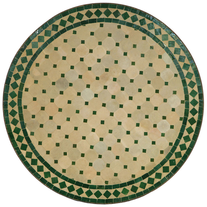 Mesa redonda em mosaico com 80 cm, com azulejos Zellige colocados à mão em verde e terracota