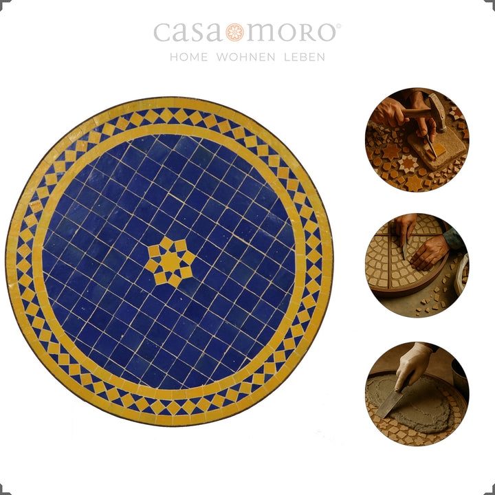 Mesa de varanda com tampo em mosaico zellige para duas pessoas – azul e amarelo