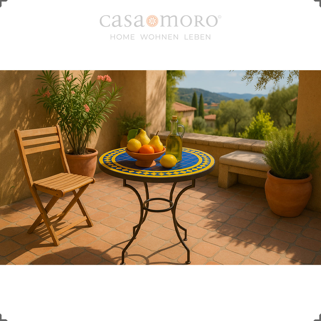 Mesa em zellige azul cobalto com borda amarela – mesa marroquina em mosaico, Ø 60 cm