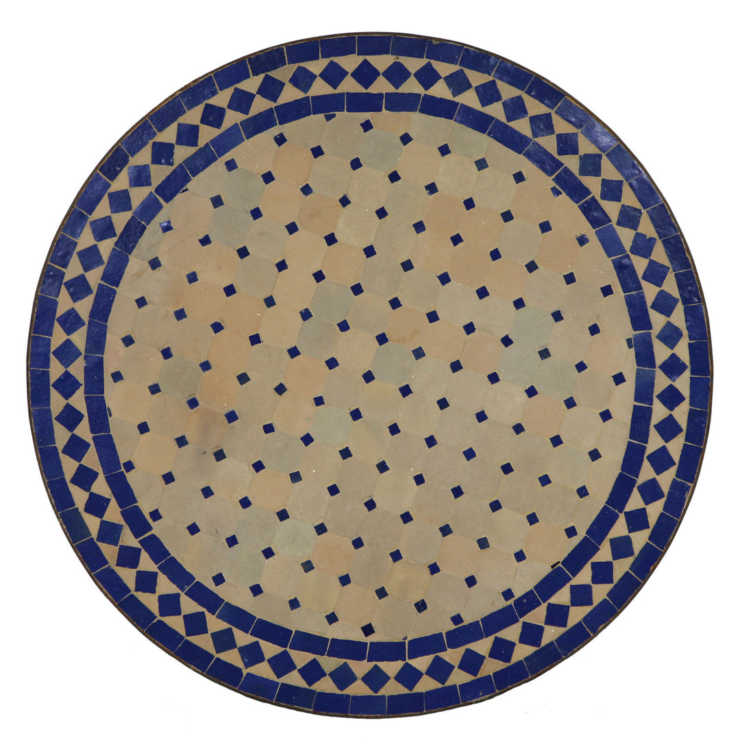 Mesa redonda de mosaico com 60 cm, com mosaico Zellige em azul e terracota, compacta para terraço ou varanda
