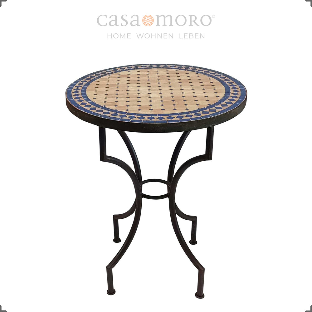 Mesa redonda em zellige com 60 cm de diâmetro – de estilo mediterrânico e feita à mão, ideal para pequenos espaços exteriores