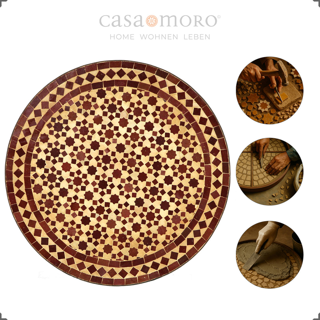 Mesa de azulejos com padrão cor de vinho, mesa de jantar redonda do Marrocos