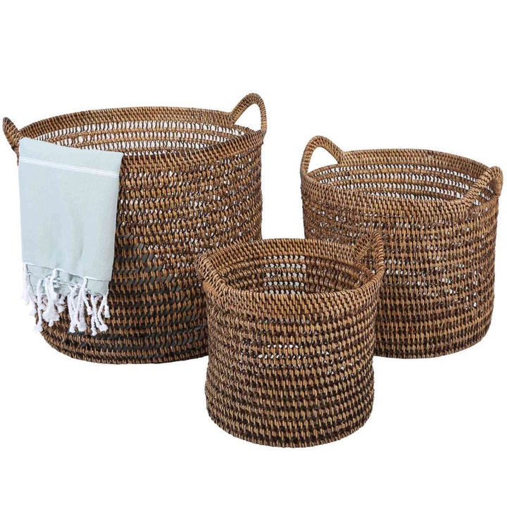Cesto de rattan Eda castanho com alças