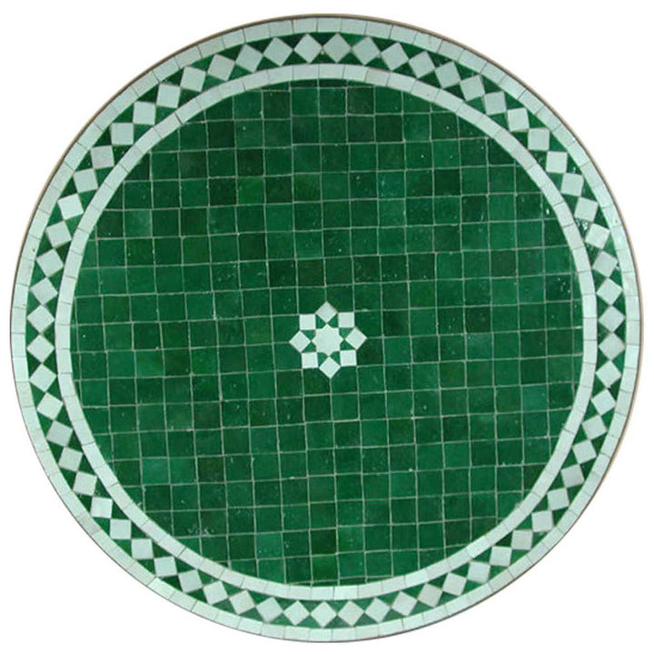 Placa redonda de mosaico de 60 cm, composta por azulejos Zellige em verde escuro e branco