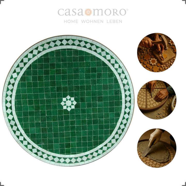 Mesa em mosaico de 60 cm com estrutura em ferro forjado com acabamento em imitação de ferrugem