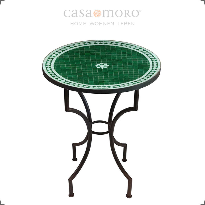 Mesa de jardim redonda de 60 cm com mosaico verde e estrutura metálica curvada