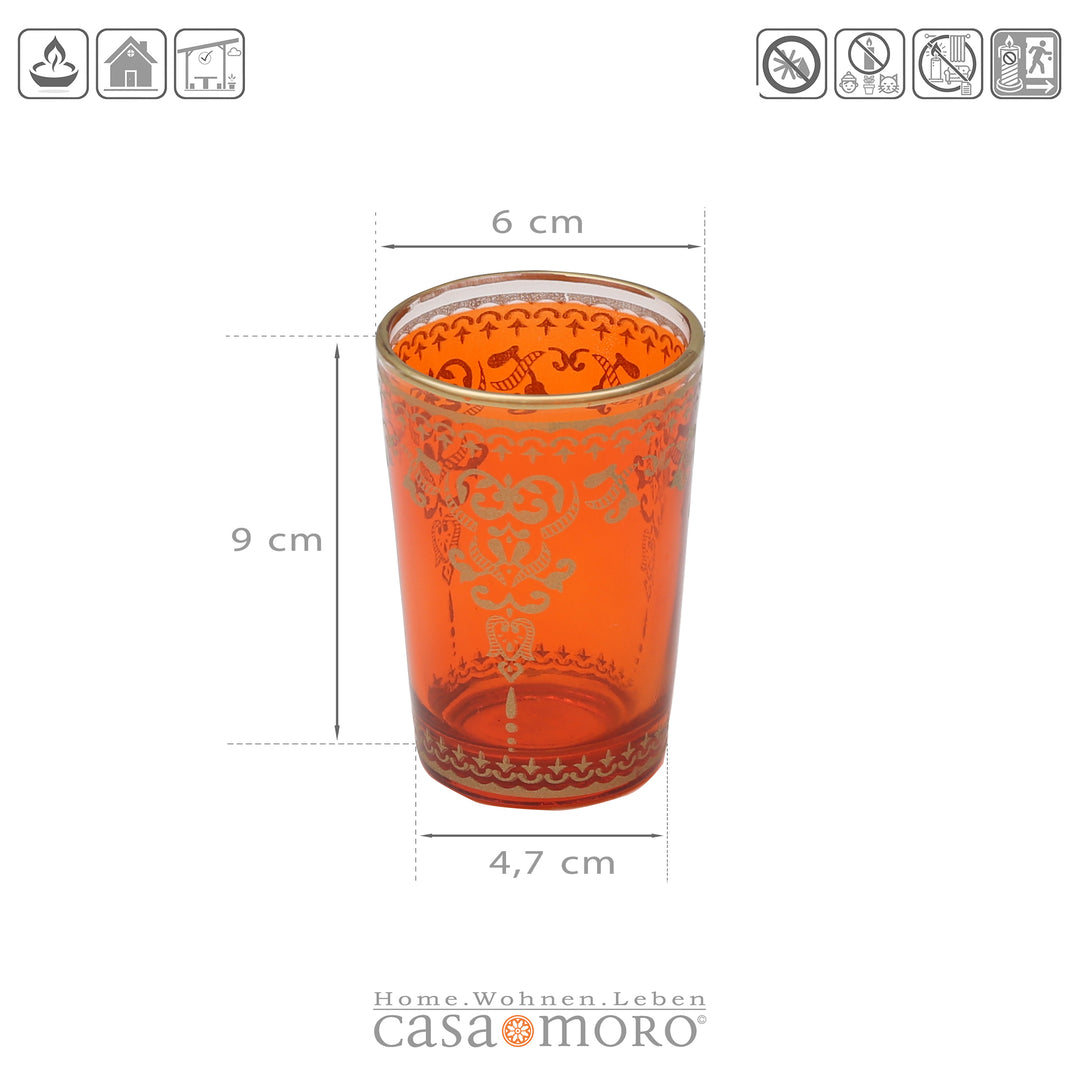 Conjunto de 6 castiçais de vidro para velas de chá em laranja e dourado