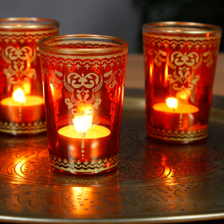 Conjunto de 6 castiçais de vidro para velas de chá em laranja e dourado