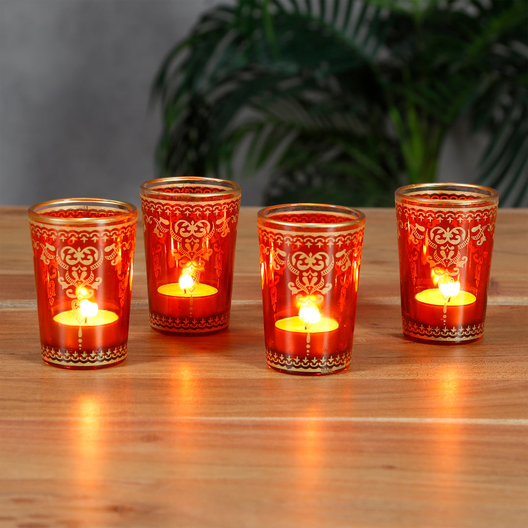 Conjunto de 6 castiçais de vidro para velas de chá em laranja e dourado