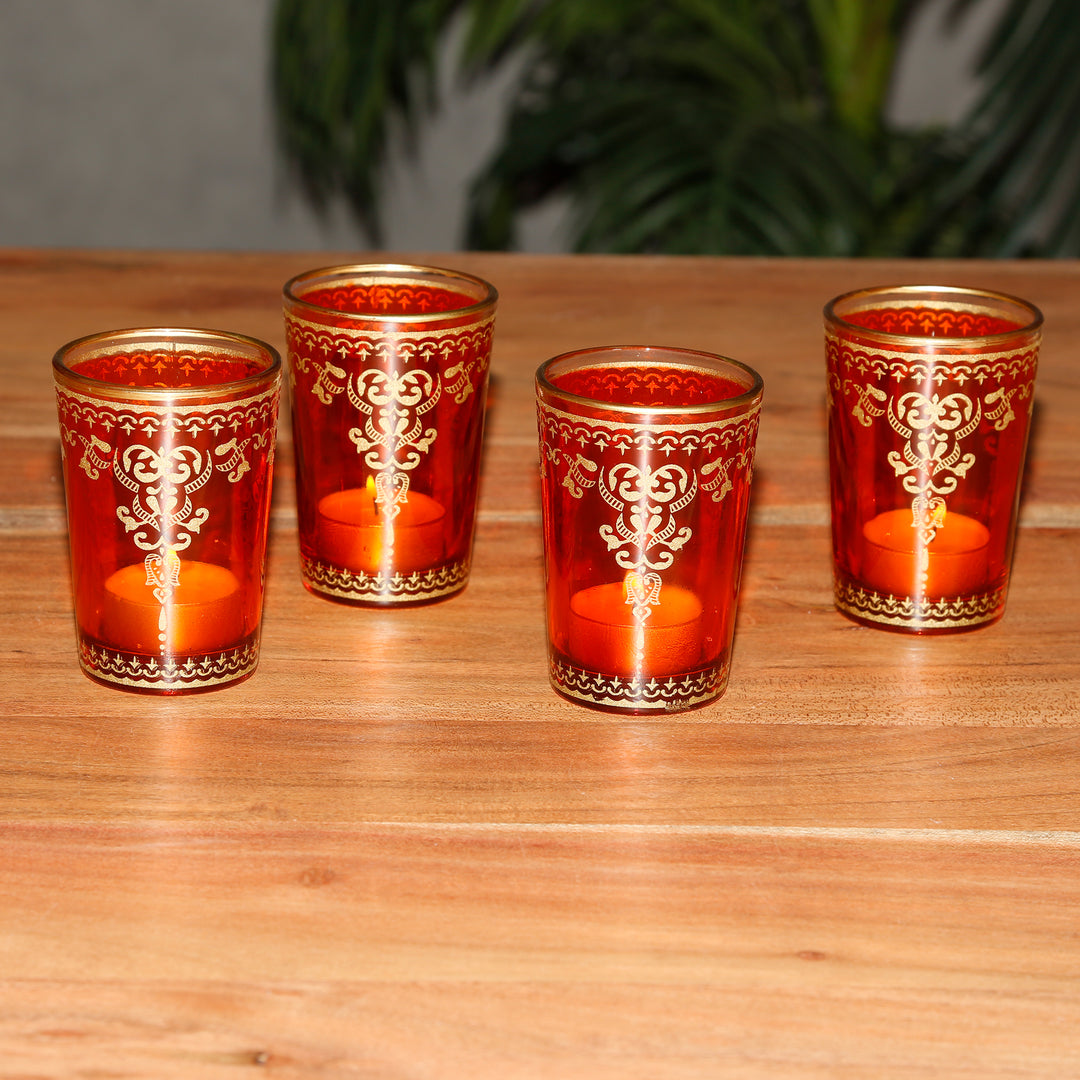 Conjunto de 6 castiçais de vidro para velas de chá em laranja e dourado