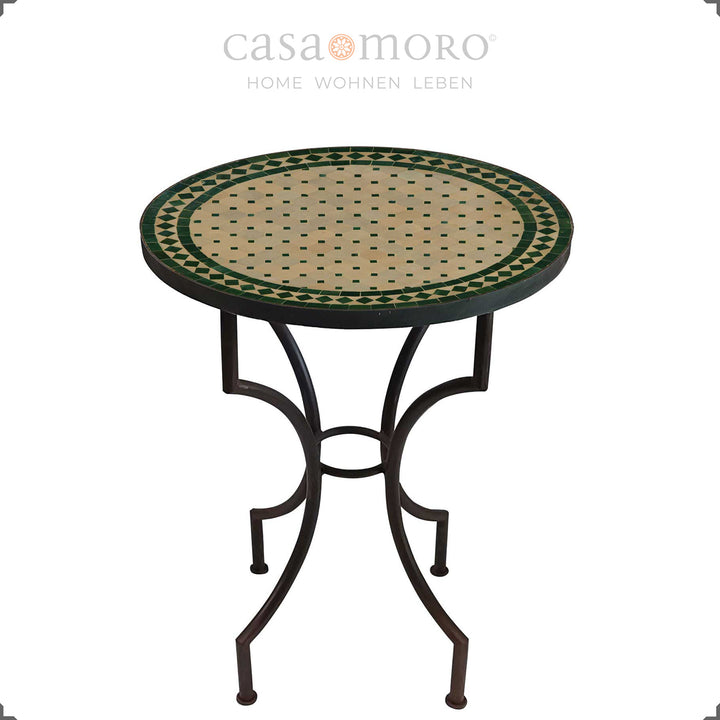Mesa em mosaico de 60 cm com padrão em forma de estrela em tons de verde e naturais – feita à mão em Marrocos