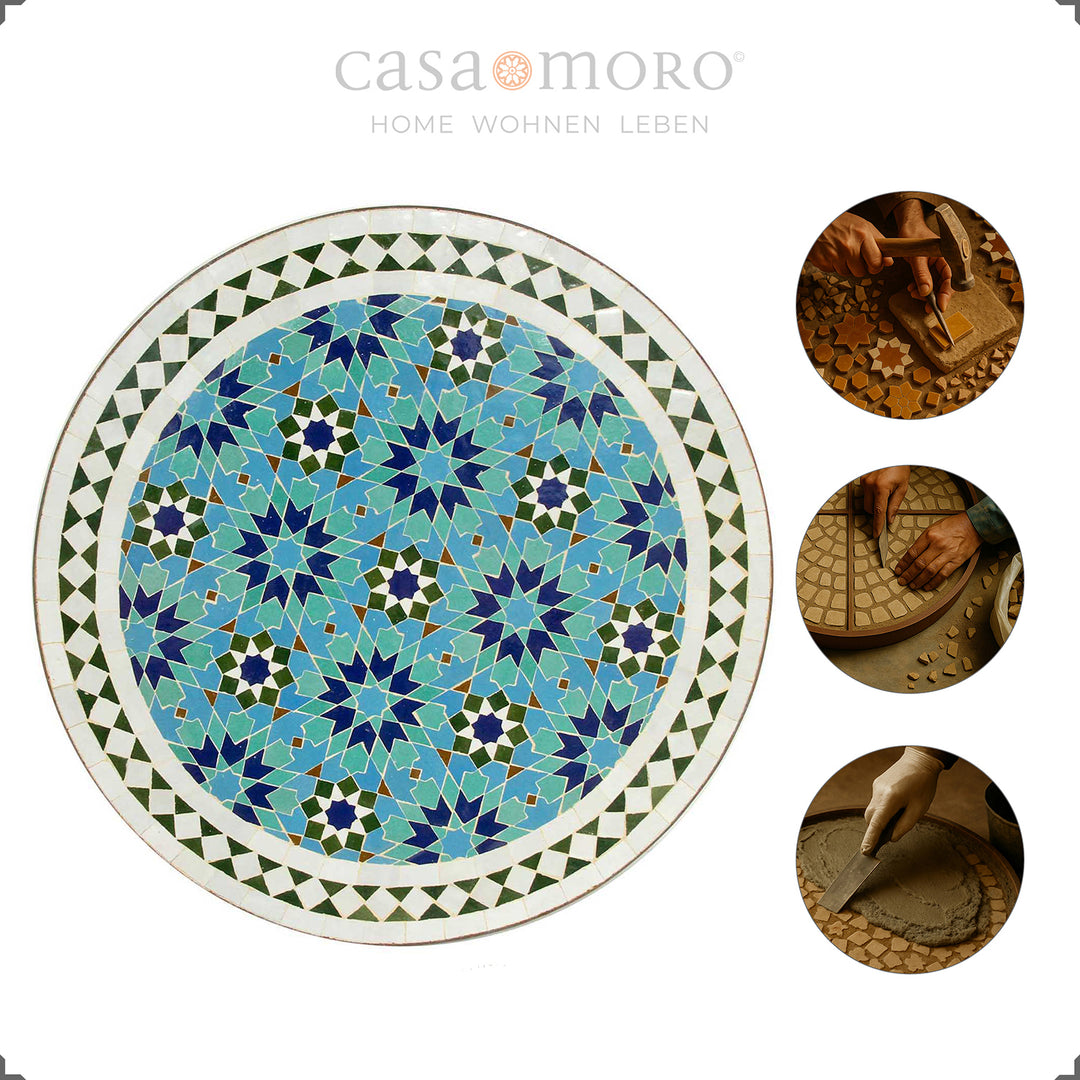 Mesa de bistrô marroquina com tampo em mosaico sobreposto – feita à mão para varanda e cozinha