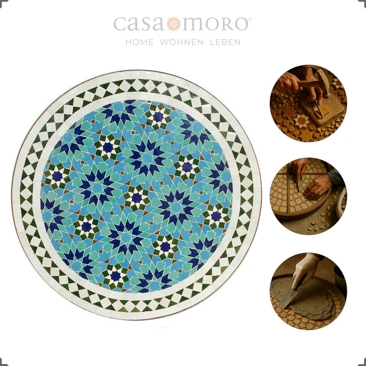 Mesa de bistrô marroquina com tampo em mosaico sobreposto – feita à mão para varanda e cozinha