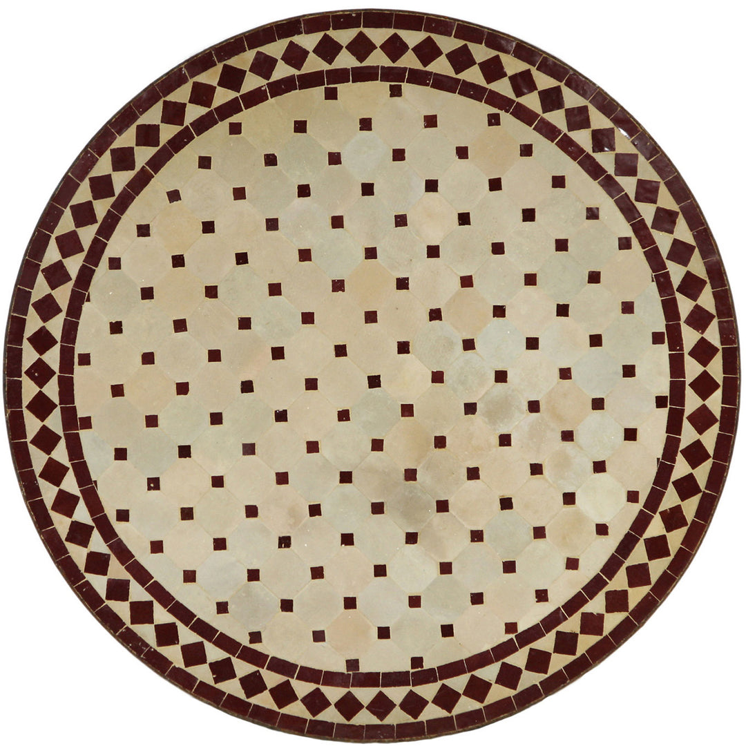 Mesa de terraço redonda de 120 cm com tampo em mosaico de azulejos zellige feitos à mão em terracota cor de bordéus