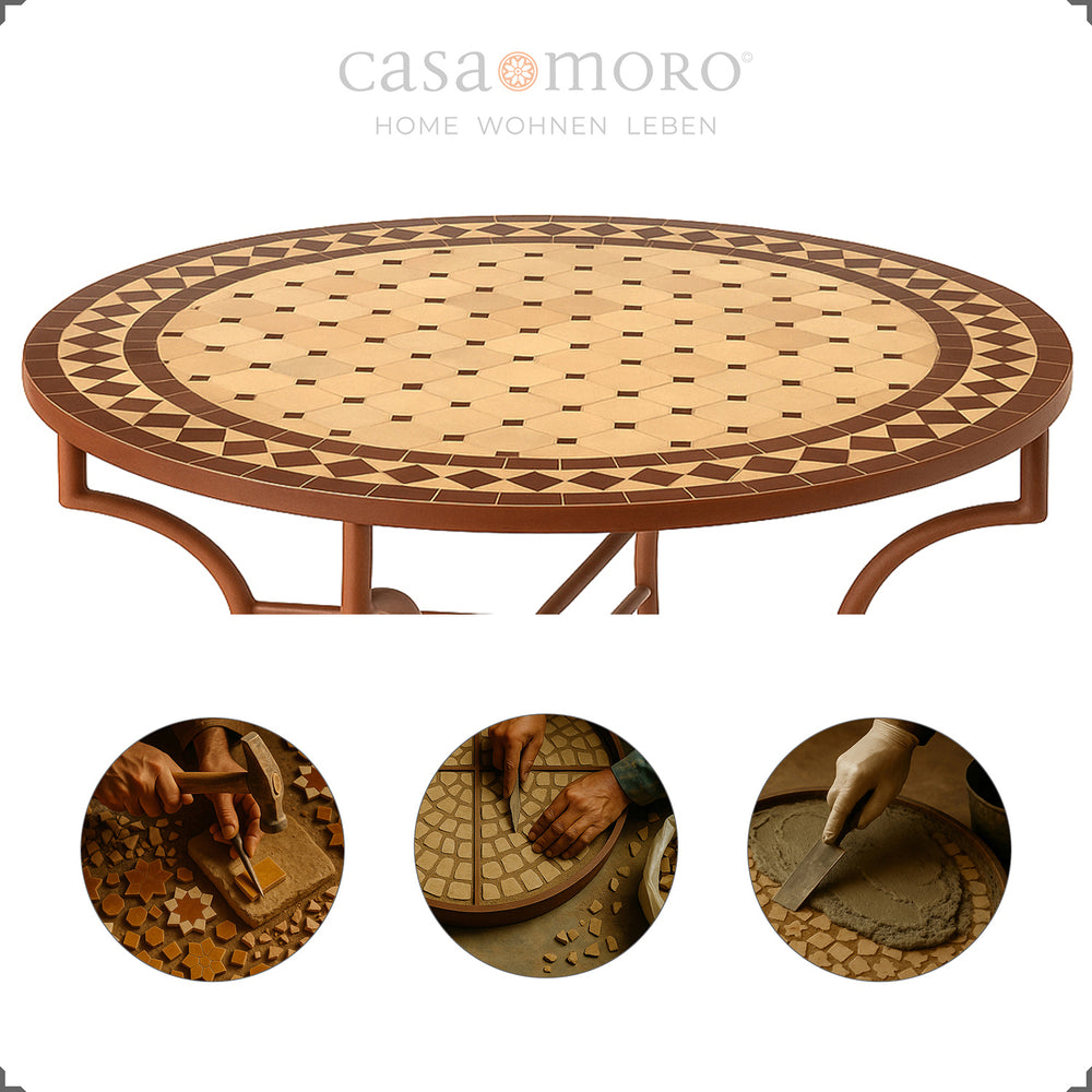 Mesa grande em mosaico com Ø 120 cm – ideal como mesa de terraço para quatro a seis pessoas