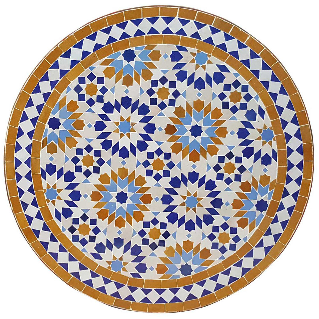 Mesa de bistrô com 60 cm de diâmetro, com azulejos zellige em azul, azul claro, ocre e branco – mesa de café marroquina