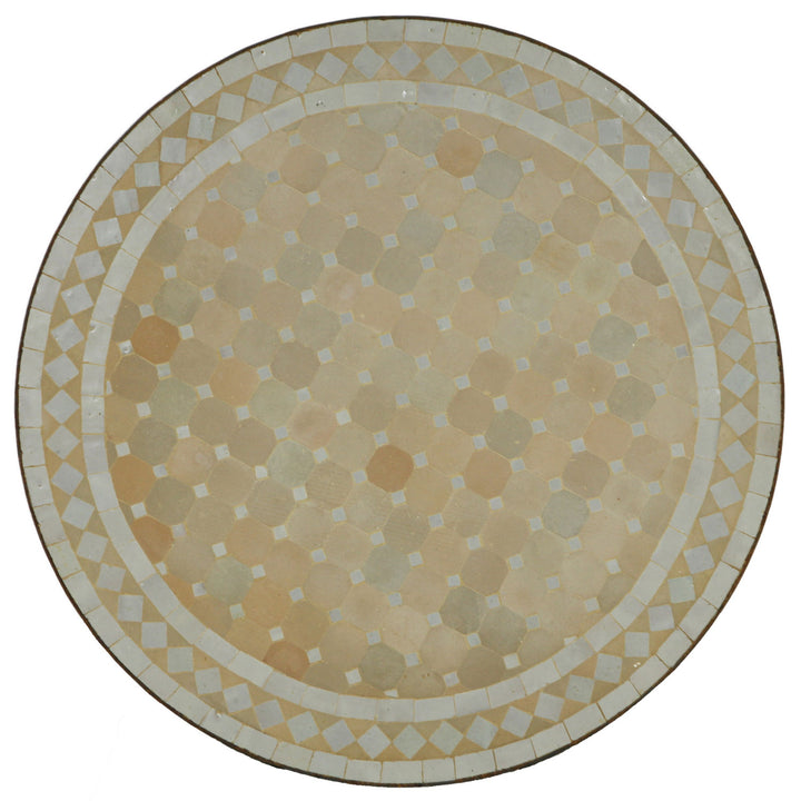 Mesa redonda de 100 cm com mosaico Zellige em tons de branco e terracota – feita à mão em Marrocos