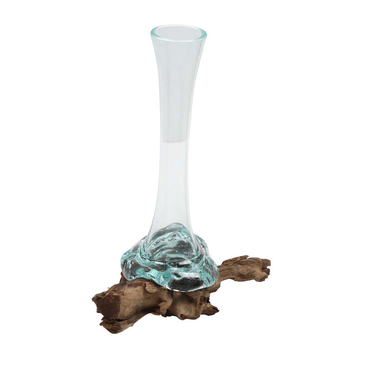 Vaso de vidro sobre base de madeira de raiz A27