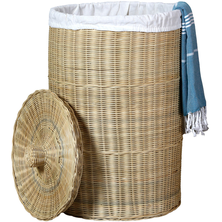 Cesto de roupa suja redondo com tampa, fabricado em material natural, com uma capacidade generosa de cerca de 75 litros