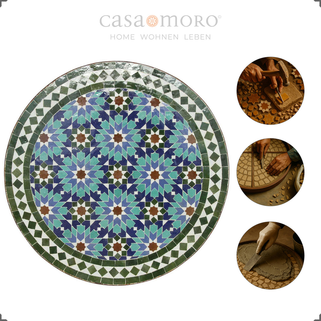 Mesa Zellige com tampo em mosaico de cerca de 18 kg – mesa de café decorativa para jardim, varanda ou hall de entrada