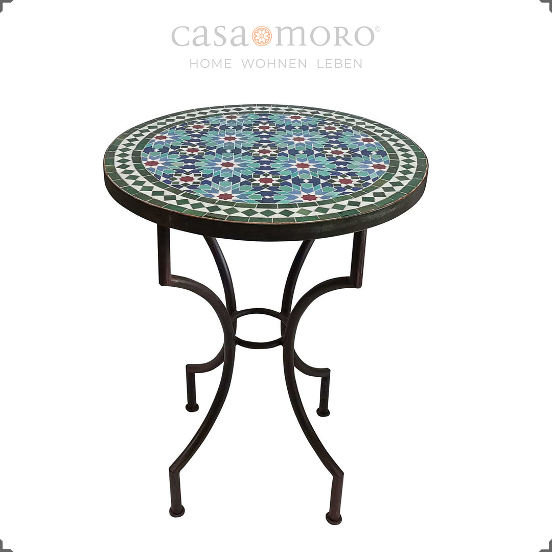 Mesa de bistrô com padrão de estrelas orientais em turquesa, esmeralda, azul e branco – mesa compacta para varanda e cozinha
