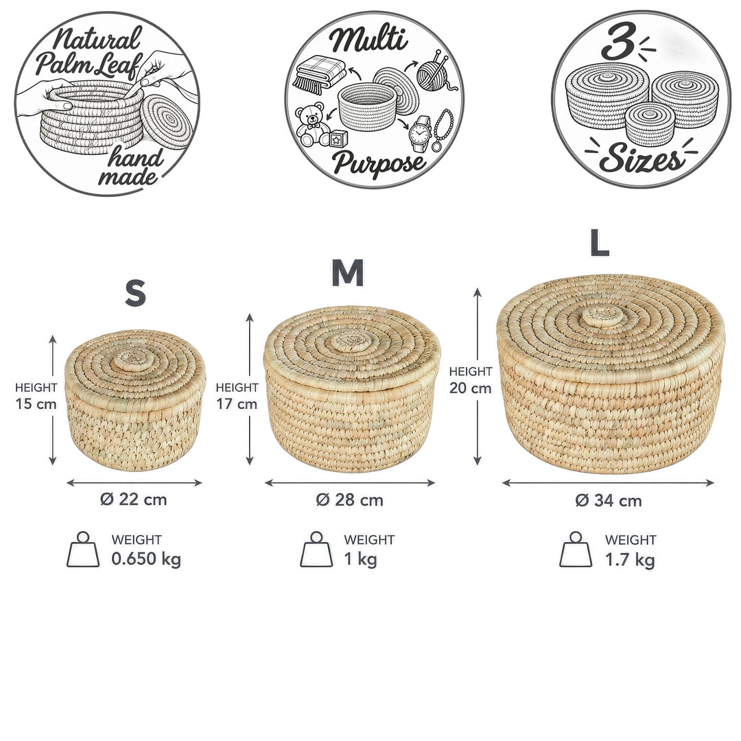 Cestos de folha de palmeira com tampa: S Ø 22 × 15 cm, 3,5 litros; M Ø 28 × 17 cm, 7 litros; L Ø 34 × 20 cm, 15 litros de capacidade.