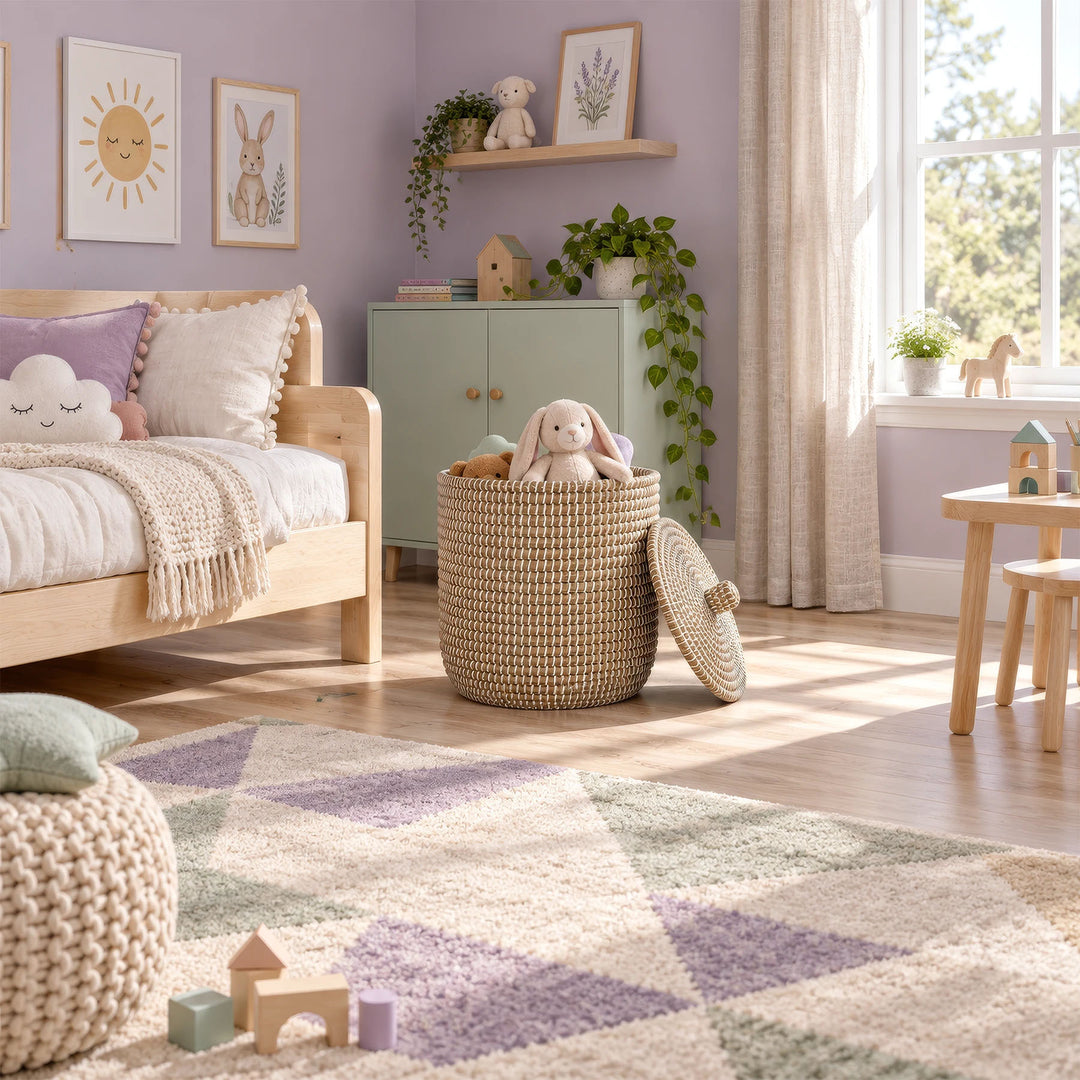 Cesto de arrumação aberto feito de erva-do-mar, com um volume de cerca de 65 litros, e peluches num quarto infantil de tons claros.