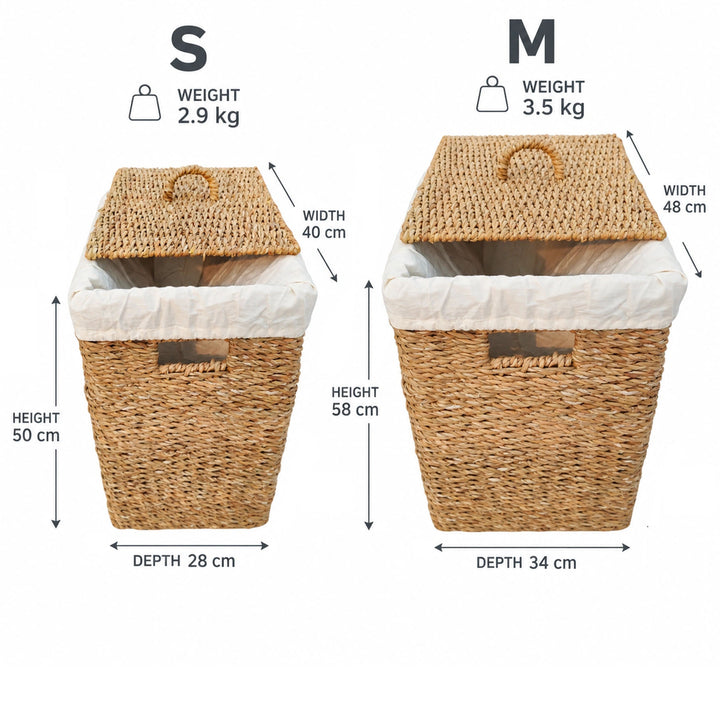 Cestos de arrumação com tampa: S com 50 litros, 40×28×50 cm, 2,9 kg; M com 90 litros, 48×34×58 cm, 3,5 kg (L×P×A).