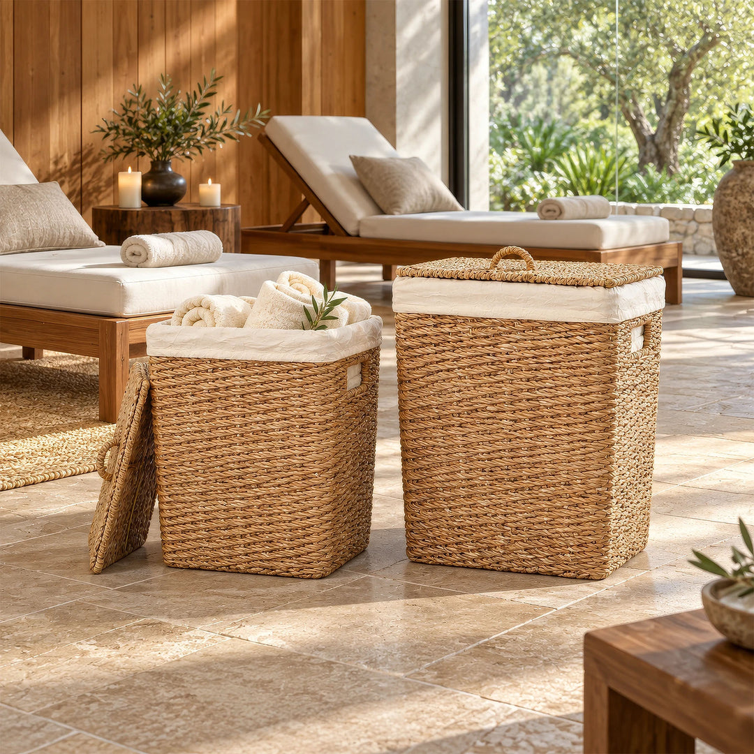 Dois cestos de arrumação com tampa, feitos de erva-do-mar, com 50 e 90 litros de capacidade, na área de spa, e um cesto pequeno com toalhas.