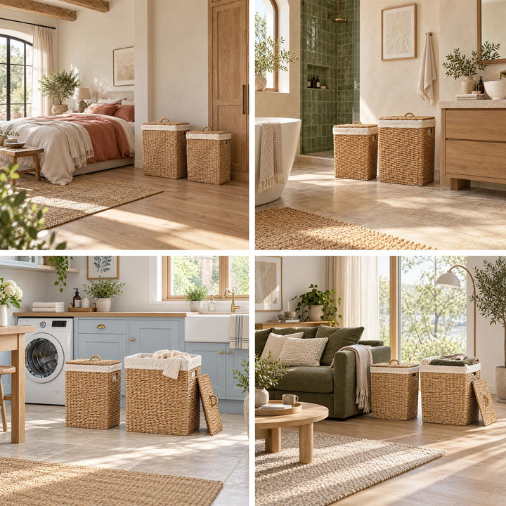 Colagem: cestos de arrumação com tampa, com 50 e 90 litros de capacidade, no quarto, na casa de banho, na lavandaria e na sala de estar.