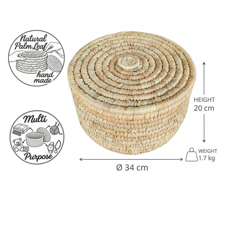 Cesto de arrumação com tampa em folha de palmeira, tamanho L: Ø 34 cm, 20 cm de altura, 15 litros de volume e 1,7 kg de peso.