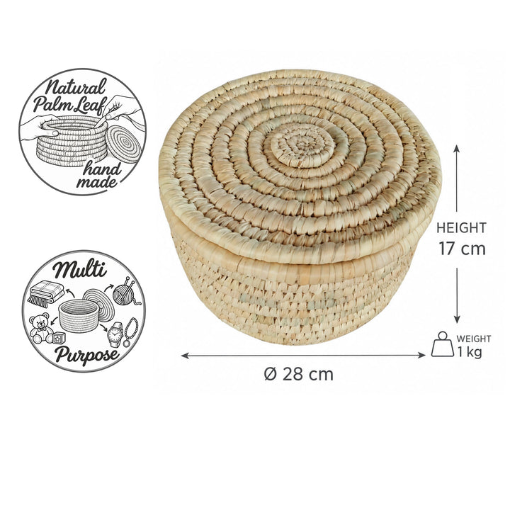Cesto de arrumação trançado à mão com tampa, feito de folha de palmeira, tamanho M: Ø 28 cm, 17 cm de altura e 1 kg de peso.