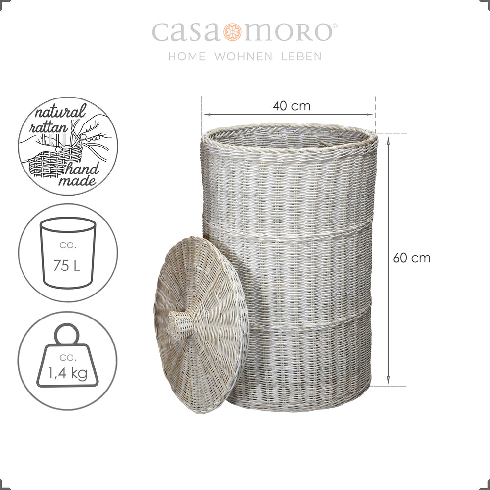 Cesto de arrumação redondo em rattan branco, com cerca de 75 litros de capacidade e 60 cm de altura, feito à mão