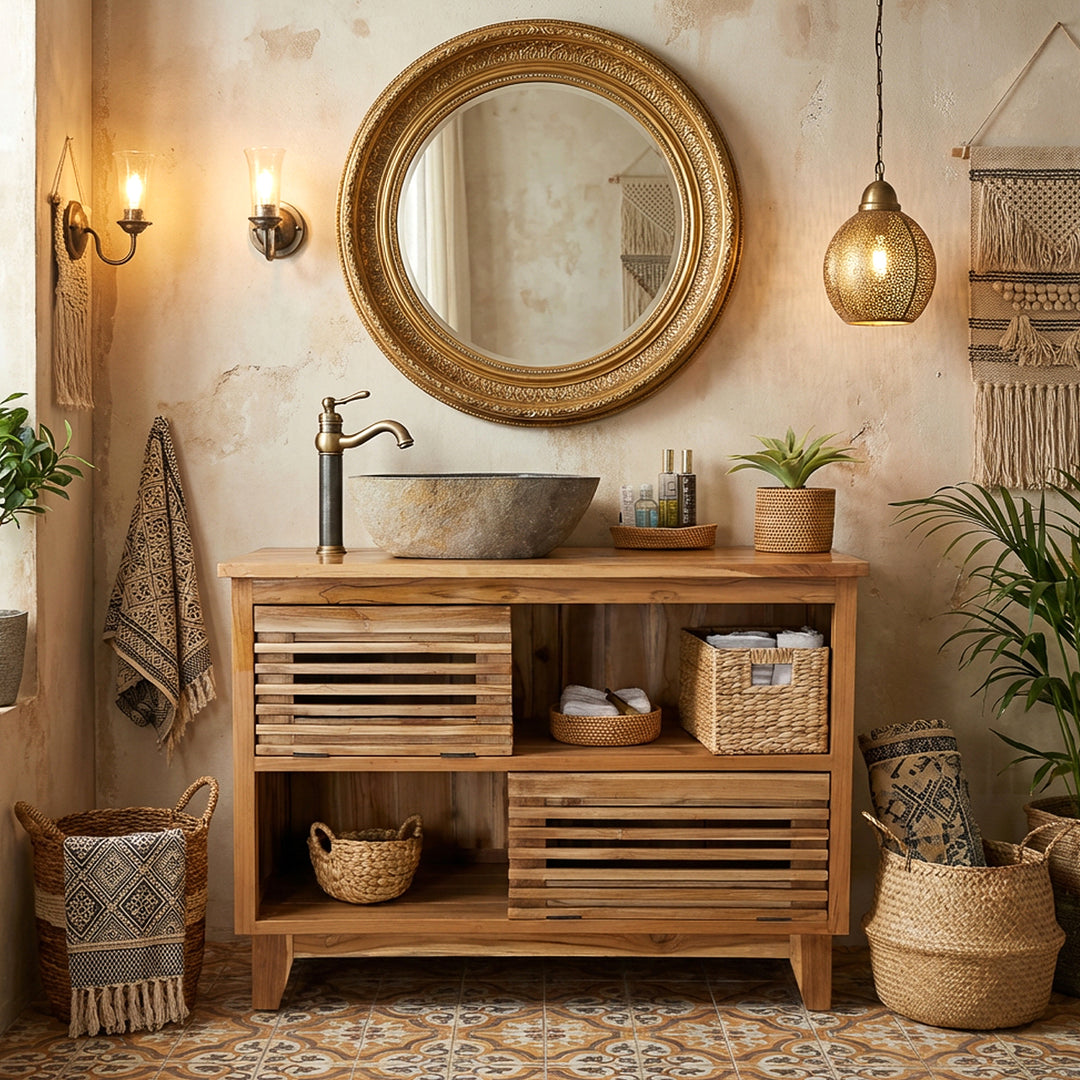 Lavatório de pedra de rio numa casa de banho de estilo boho acolhedor, assente numa bancada de madeira, combinado com torneiras de latão, cestos e iluminação suave