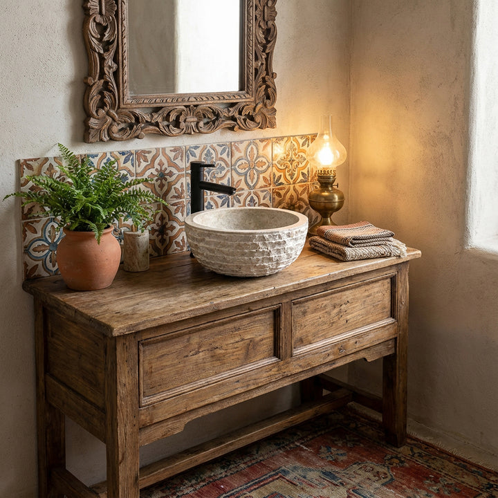 Lavatório redondo com acabamento em mármore, em pedra, sobre um móvel de lavatório em madeira rústica, numa acolhedora casa de banho vintage com azulejos