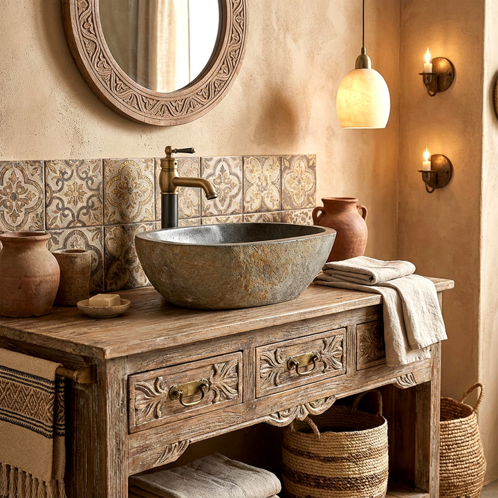 Lavatório de pedra de rio na acolhedora casa de banhos oriental, assente num lavatório de madeira, combinado com torneiras em latão e um ambiente artesanal
