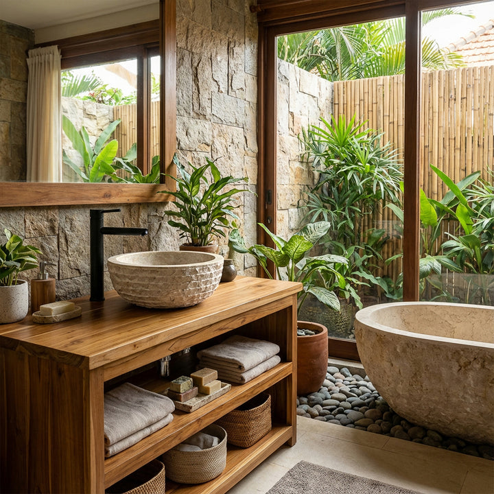 Lavatório redondo em pedra, montado sobre uma bancada de madeira, numa casa de banho estilo spa natural, com muita vegetação e uma parede em pedra natural