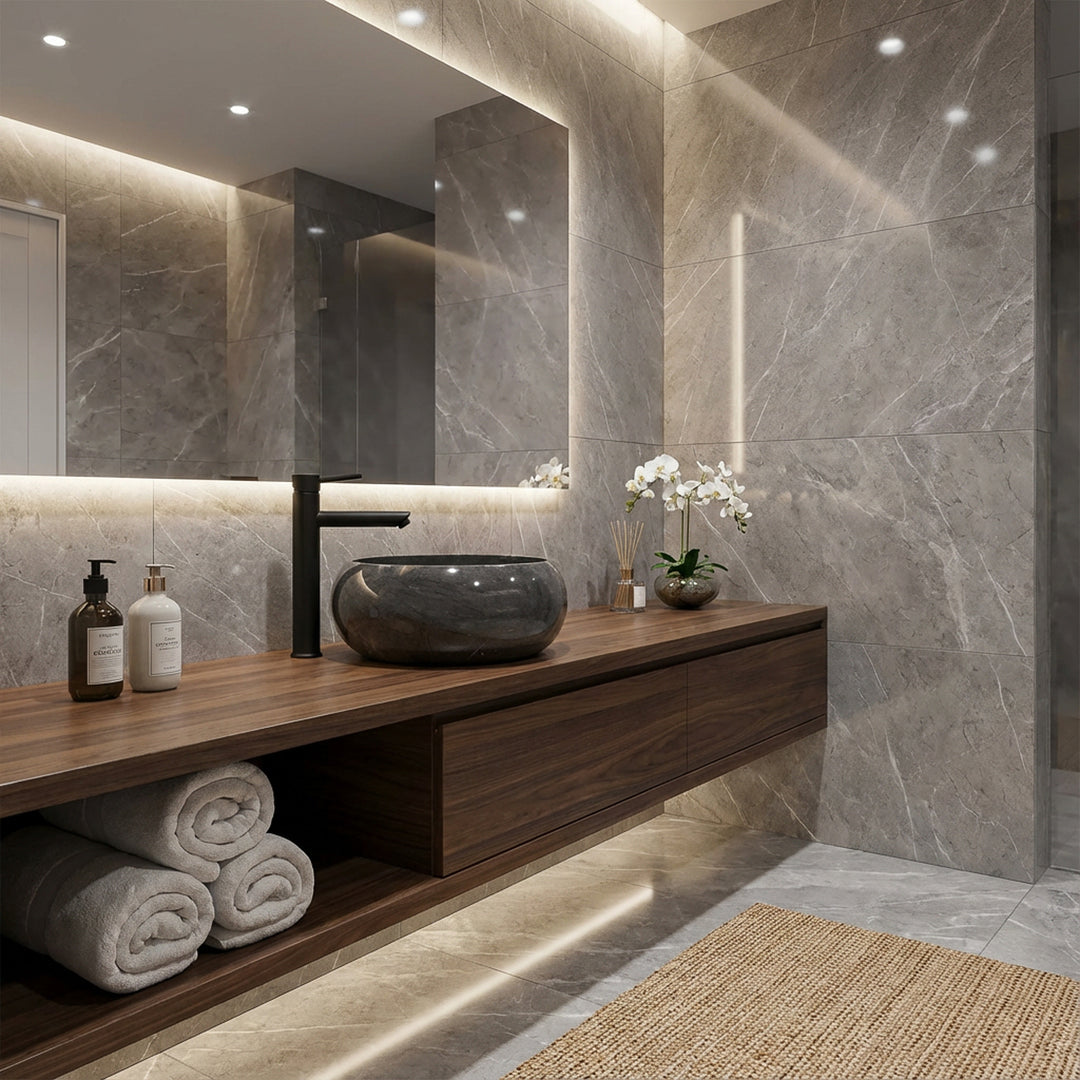 Lavatório redondo de mármore sobre um lavatório suspenso em madeira numa elegante casa de banho tipo spa, combinado com torneiras pretas, azulejos de pedra de grandes dimensões e iluminação indireta