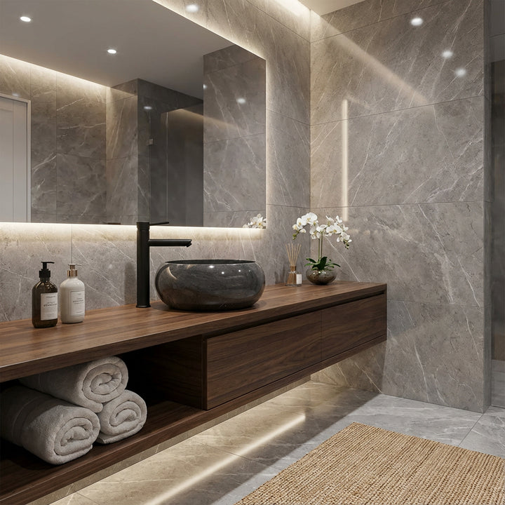 Lavatório redondo de mármore sobre um lavatório suspenso em madeira numa elegante casa de banho tipo spa, combinado com torneiras pretas, azulejos de pedra de grandes dimensões e iluminação indireta