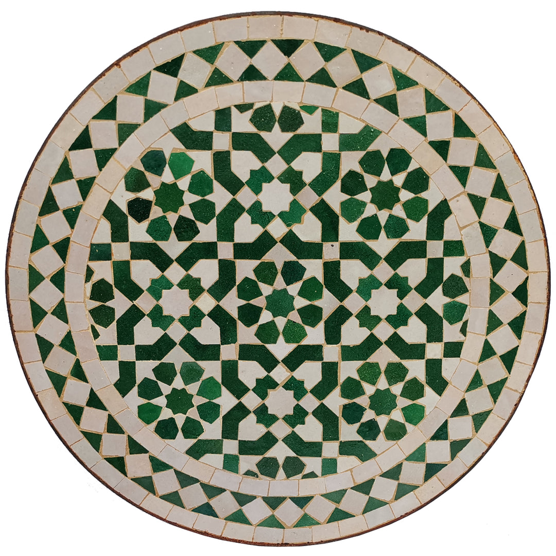 Mesa de varanda pequena, redonda, com 45 cm, com mosaico zellige verde e branco e padrão oriental