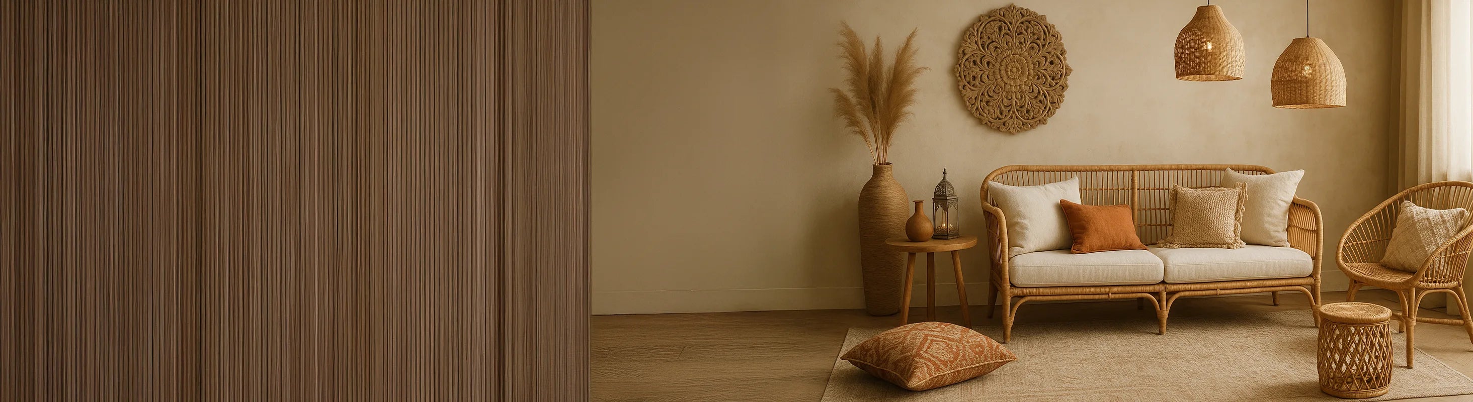 Estilo boho – Boho Style Chic Wohnzimmer mit Rattanmöbeln, Naturtönen, gewebten Kissen, geflochtenen Lampen und marokkanischen Dekoakzenten