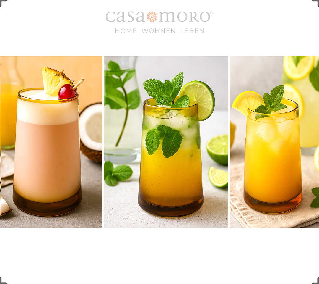 Copos cor de mel utilizados como copos de cocktail – ideais para bebidas de verão e decorados com lima