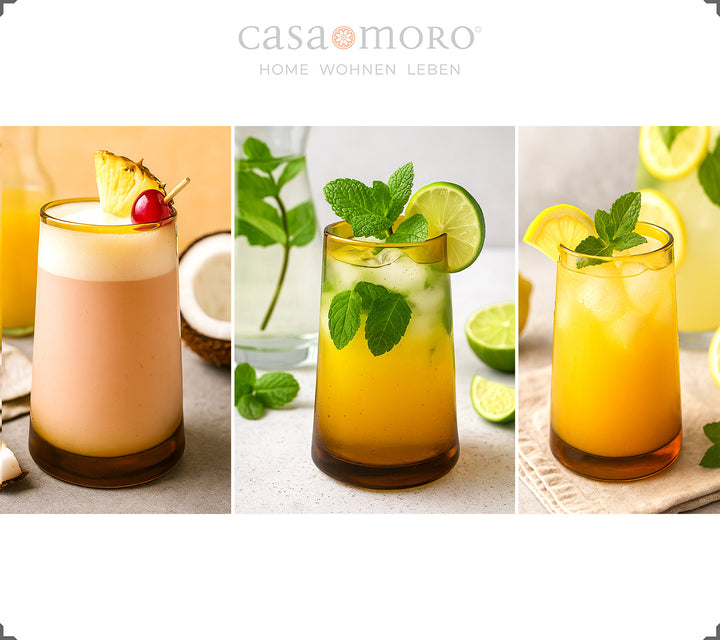 Copos cor de mel utilizados como copos de cocktail – ideais para bebidas de verão e decorados com lima